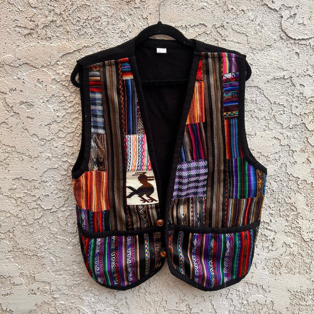 Vintage Mens Peruvian Patchwork Woven Hippie Vest XL